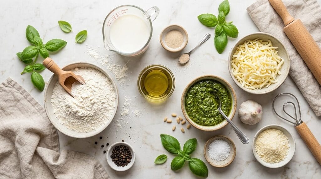 Ingredients for homemade cheesy pesto pinwheels laid out on a marble counter.