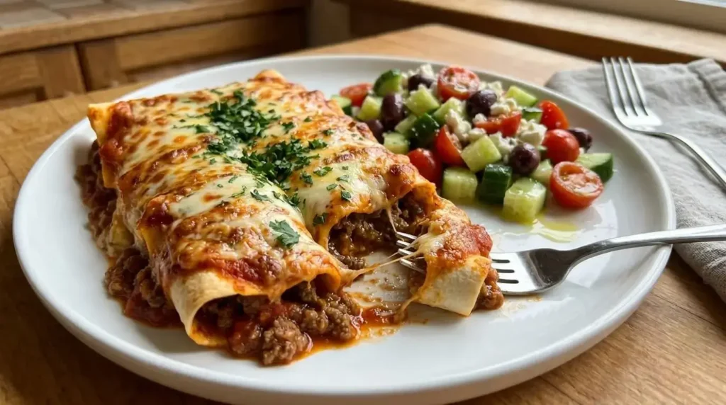 A single serving of cheesy beef enchiladas with melted mozzarella cheese served alongside a fresh cucumber tomato salad.