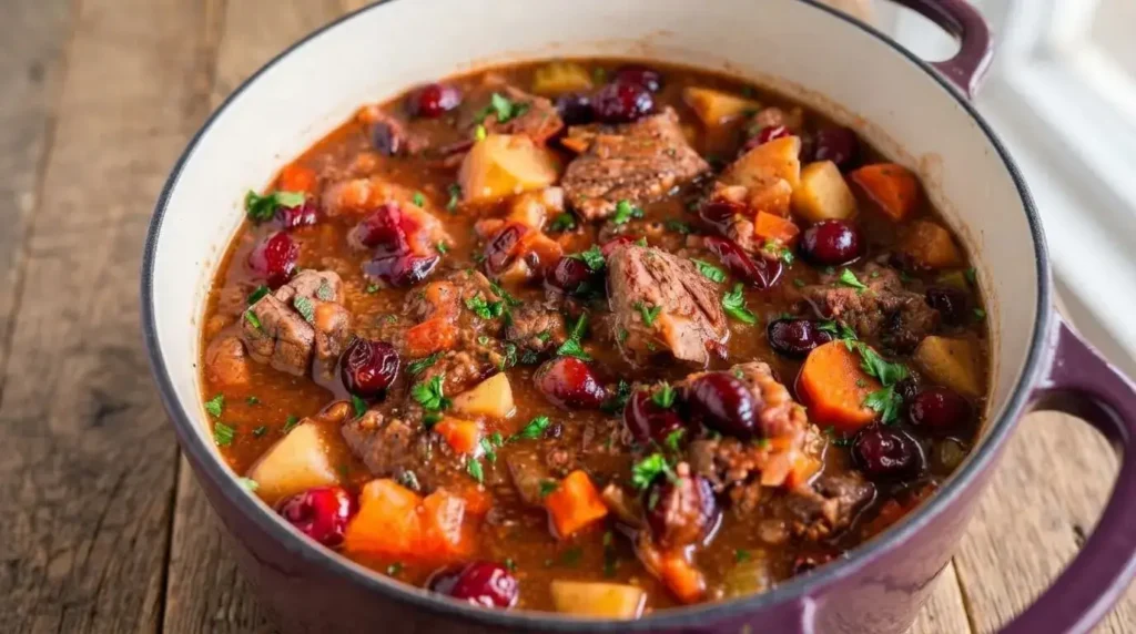 A purple Dutch oven filled with cozy Cranberry Apple Beef Stew featuring tender beef cubes, whole red cranberries, carrots, potatoes, and fresh parsley.
