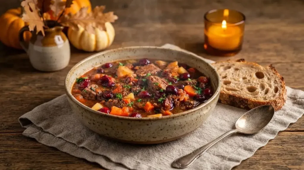 A bowl of Mediterranean Cranberry Apple Beef Stew served with crusty sourdough bread on a cozy table setting.