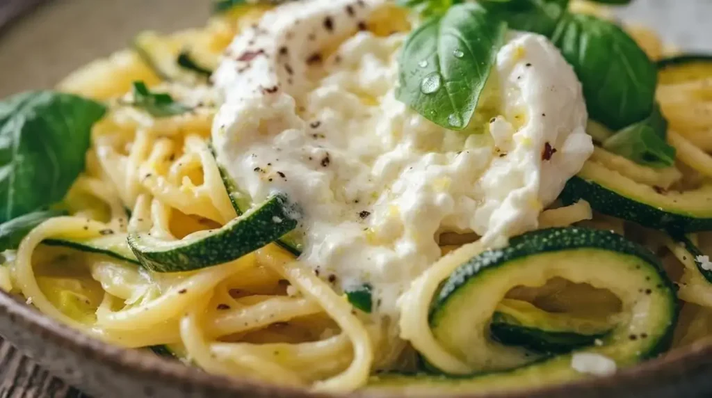 Close-up of creamy burrata cheese melting over lemon zucchini spaghetti garnished with olive oil and red pepper flakes.