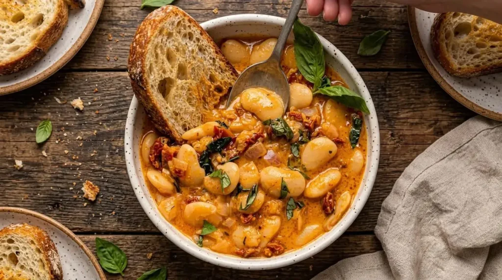 A bowl of creamy Tuscan Marry Me Butter Beans topped with fresh basil and served with crusty sourdough bread.