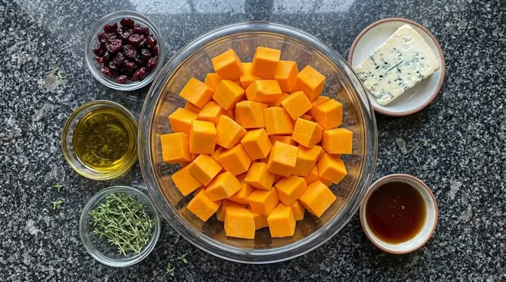 Fresh ingredients for roasted butternut squash including cubed squash, olive oil, dried cranberries, fresh thyme, and Gorgonzola cheese.