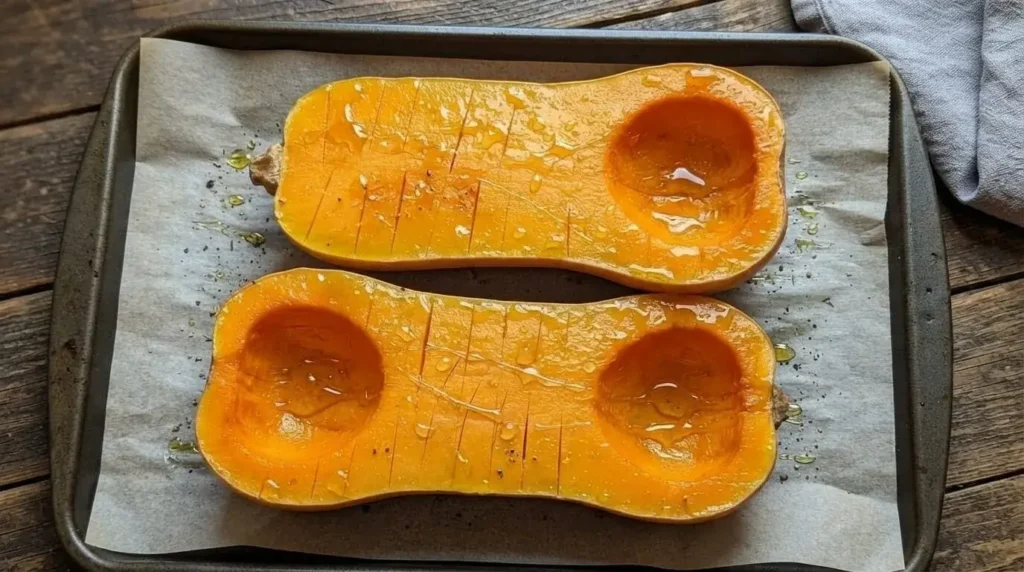 Raw scored butternut squash halves drizzled with olive oil and honey on a baking sheet