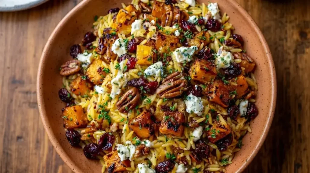 A rustic bowl of roasted butternut squash orzo with feta cheese, dried cranberries, pecans, and fresh thyme.