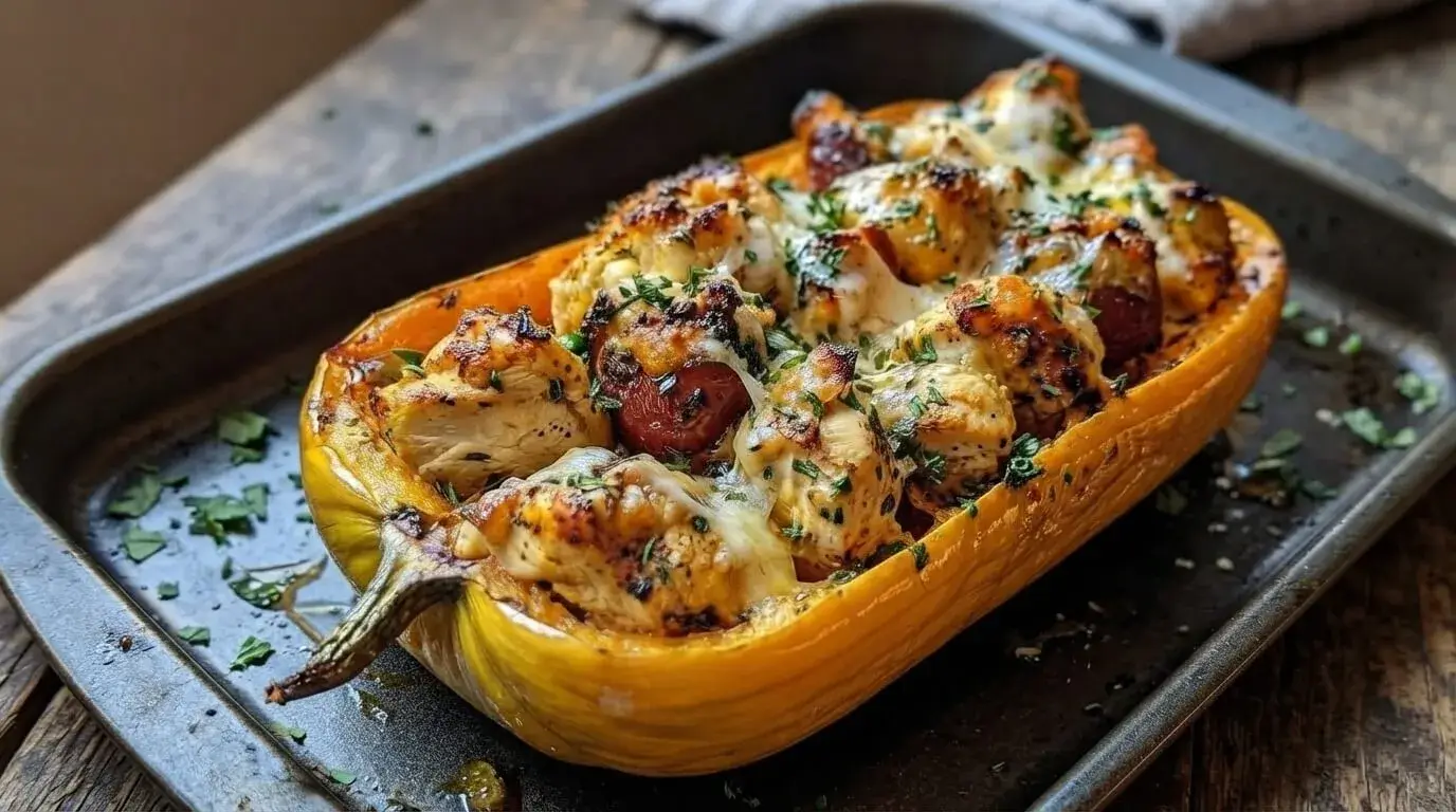 Honey Roasted Butternut Squash Stuffed with Chicken and Cheese