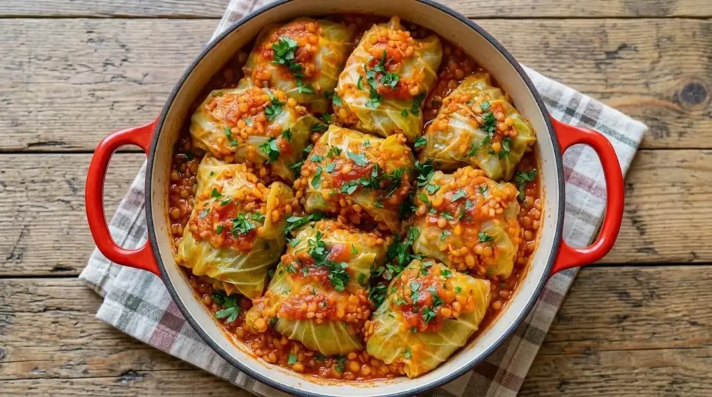 Stuffed cabbage rolls filled with lentils and rice simmered in red tomato sauce in a red skillet