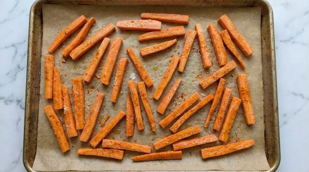 Raw sliced carrot fries seasoned with garlic spices and olive oil spaced evenly on parchment paper.