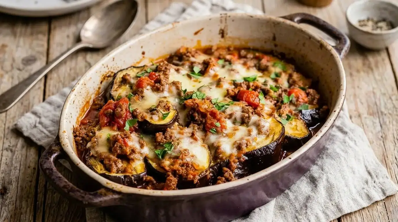 Easy Mediterranean eggplant and ground beef casserole with melted cheese and fresh parsley in an oval ceramic dish.