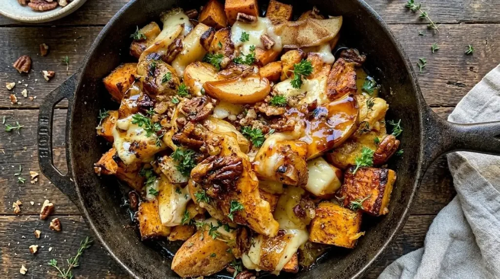 Rustic cast iron skillet filled with sweet potato and butternut apple smash topped with melted brie, toasted pecans, and hot honey drizzle.