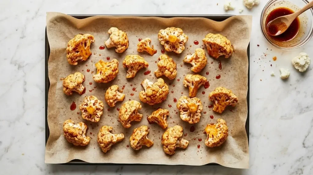 Raw cauliflower florets coated in olive oil and smoked paprika spice mix arranged on a parchment-lined baking sheet for roasting.