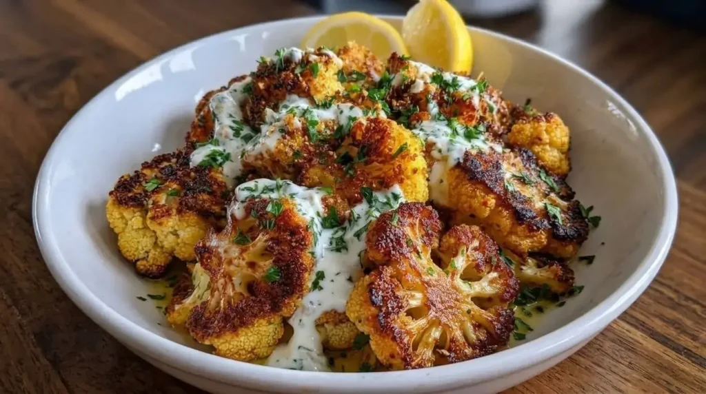 Golden crispy garlic roasted cauliflower drizzled with creamy whipped lemon feta sauce and fresh parsley in a white bowl with lemon wedges.