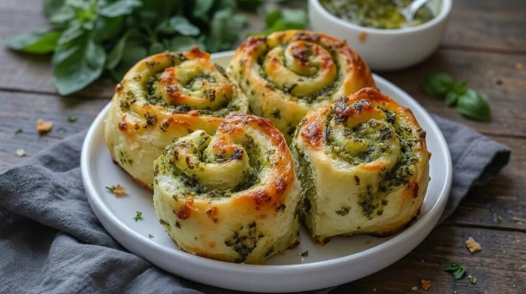 Golden-brown cheesy pesto pinwheels on a white plate showcasing fluffy swirls and melted cheese.