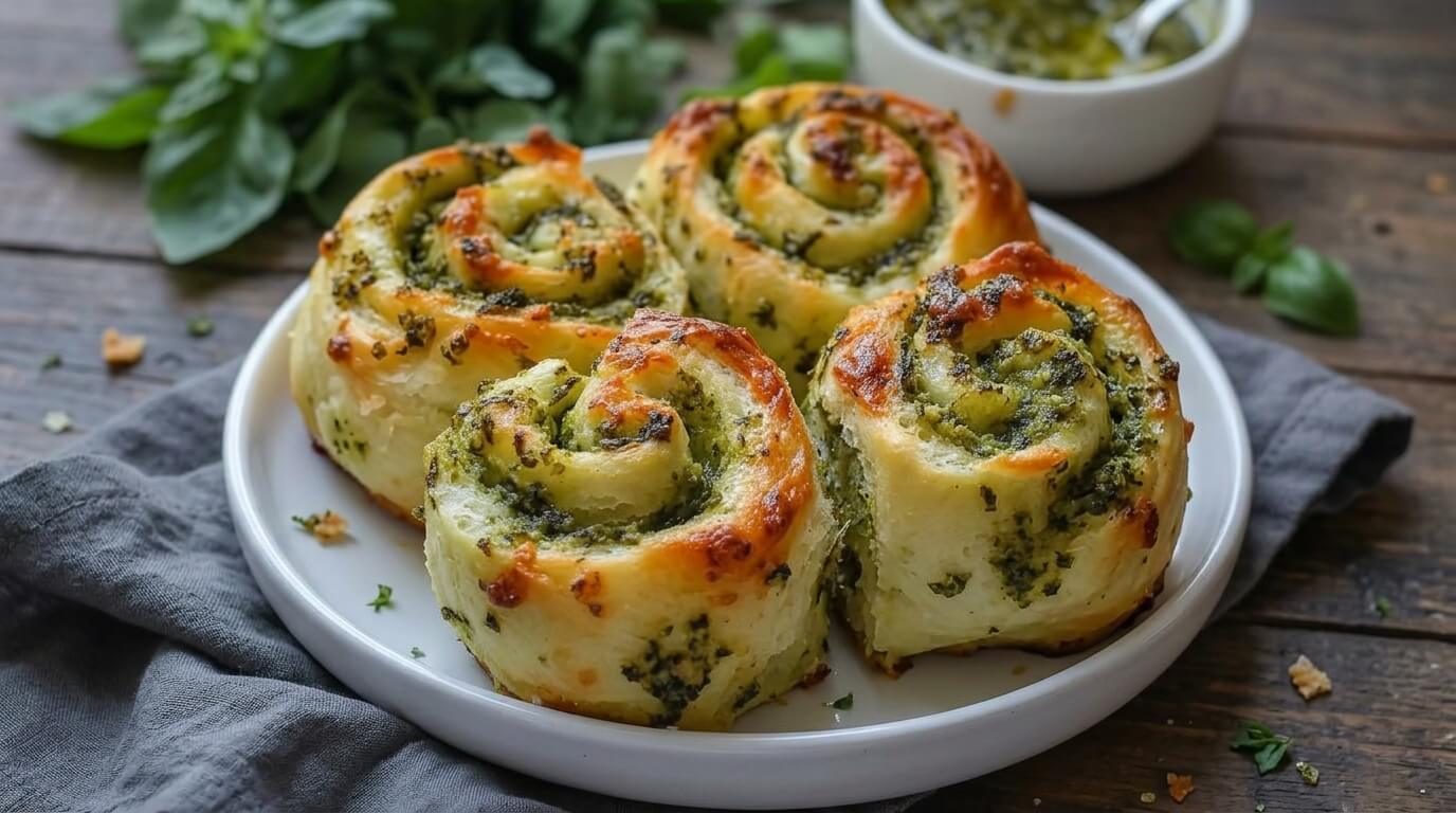 Golden-brown cheesy pesto pinwheels on a white plate showcasing fluffy swirls and melted cheese.