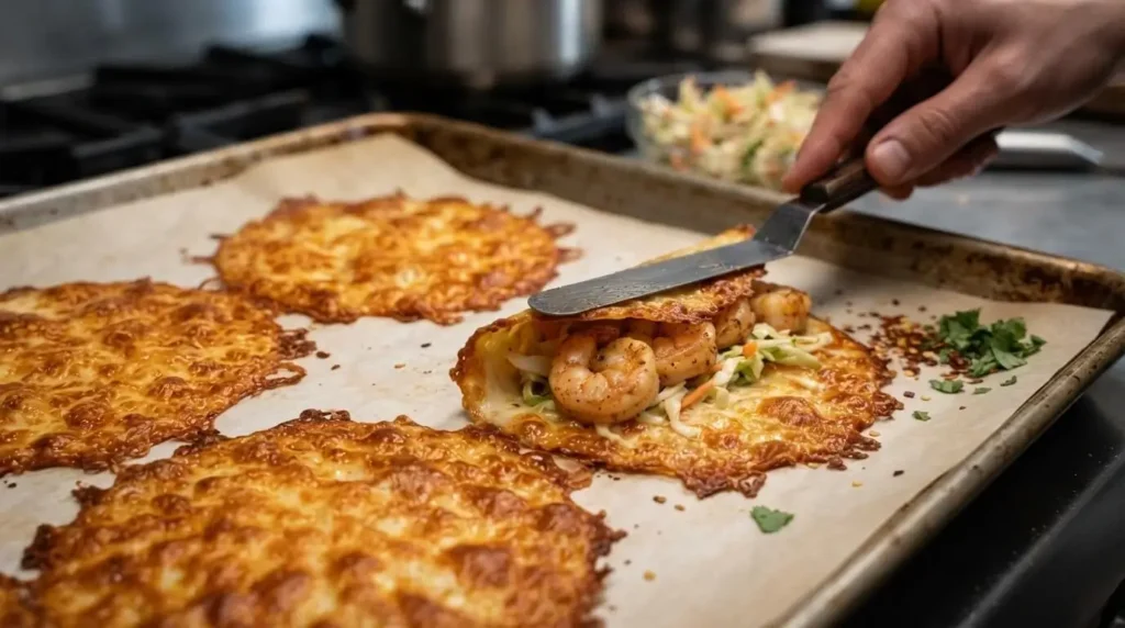 Process shot showing how to fill and roll golden baked mozzarella cheese slices with seasoned chopped shrimp and slaw on parchment paper.