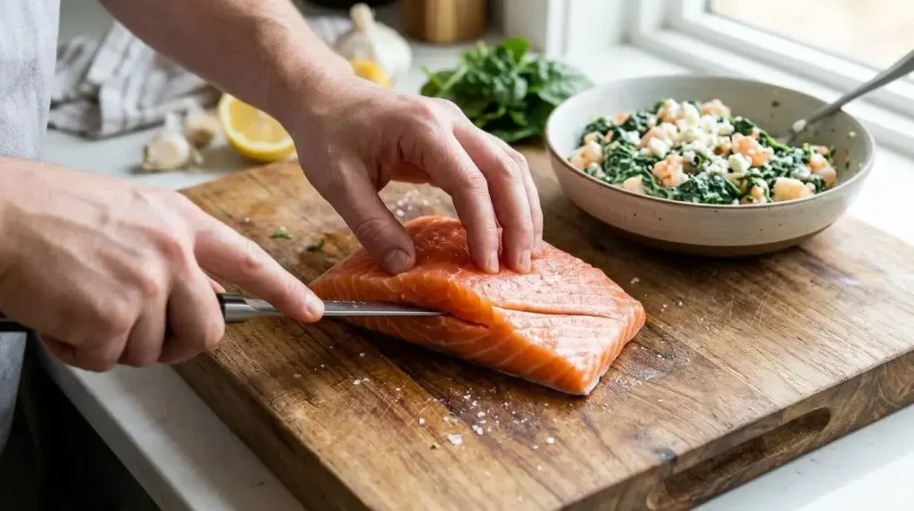 Slicing a horizontal pocket into a fresh salmon fillet for creamy spinach and shrimp stuffing.