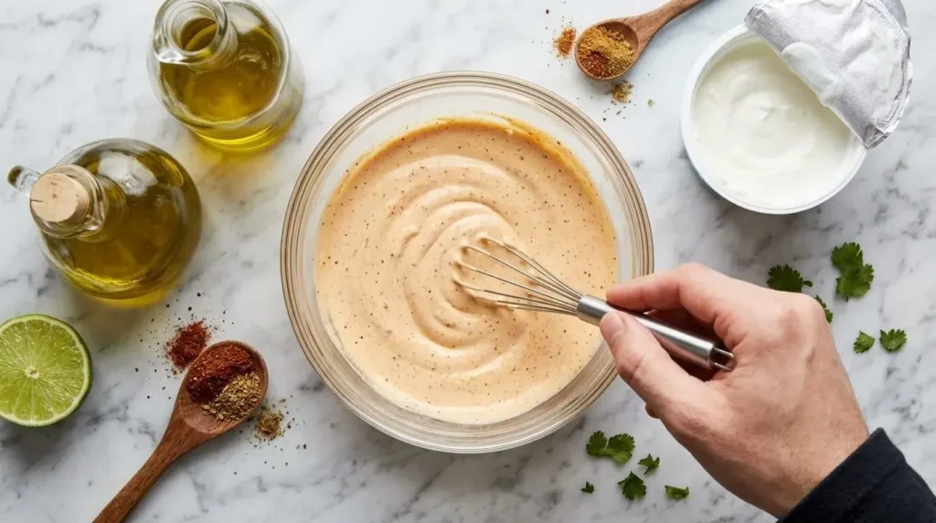 Whisking Greek yogurt, extra virgin olive oil, lime juice, and taco seasoning in a glass bowl to make healthy creamy taco dressing.