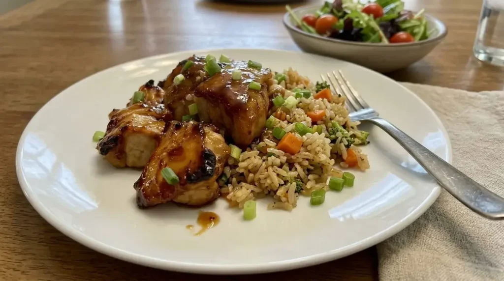 A individual serving of sticky honey garlic chicken and rice casserole on a white plate with a fork.