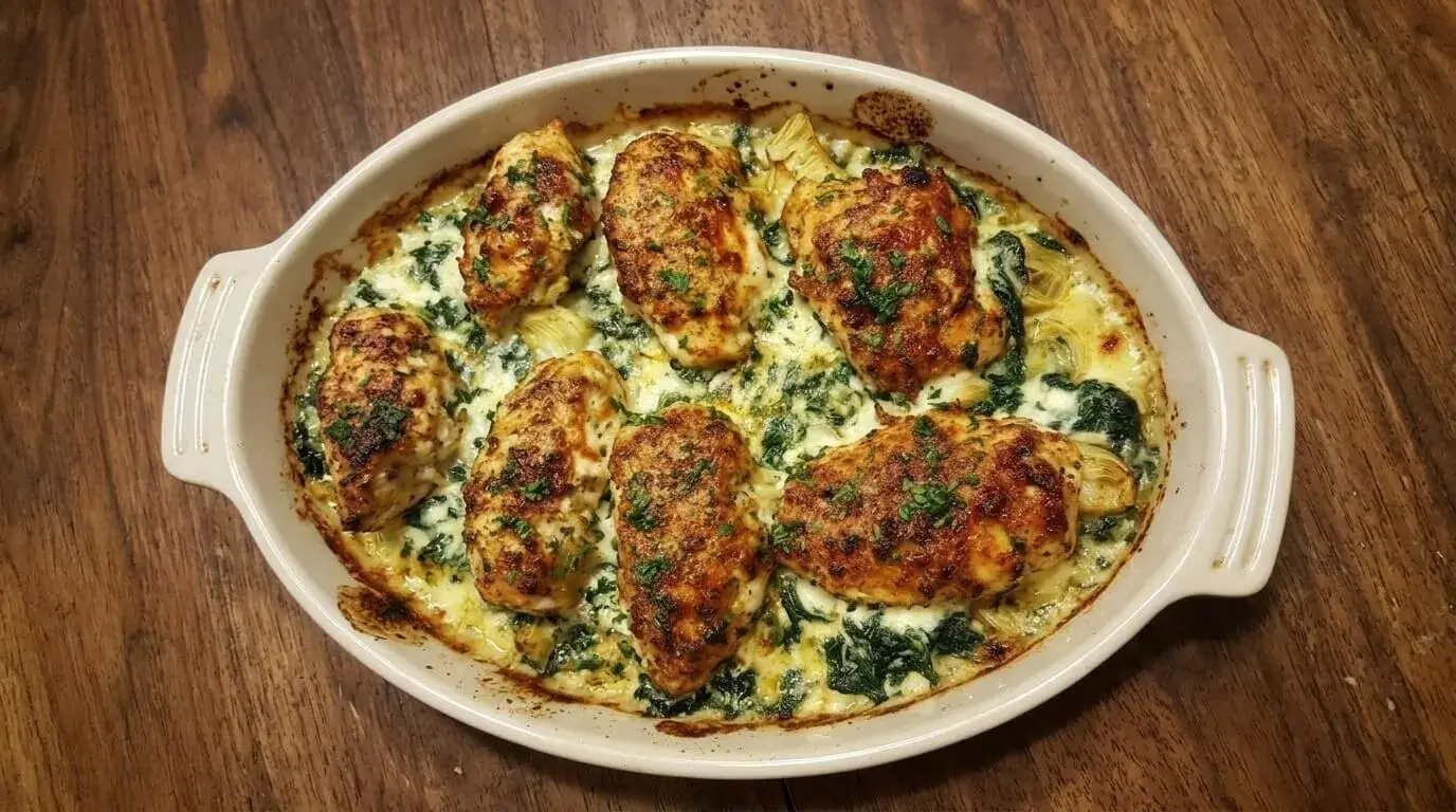 Freshly baked Mediterranean spinach artichoke chicken bake in a white ceramic dish with golden brown chicken cutlets, spinach, artichokes, and melted cheese.