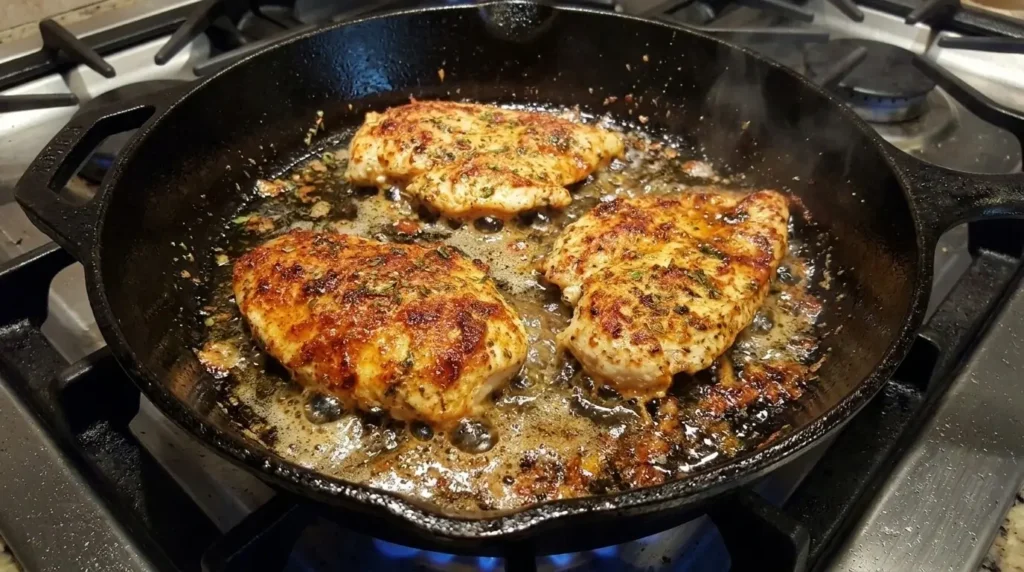 Seasoned chicken breasts searing in olive oil in a pan to create a golden paprika spice crust.