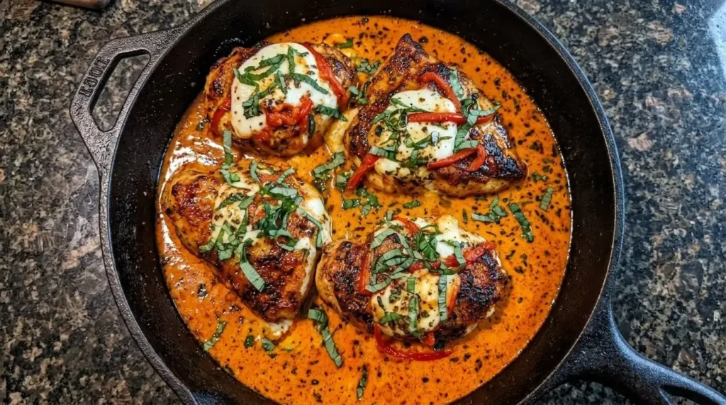 Golden-seared chicken breasts topped with melted fresh mozzarella cheese, roasted red pepper strips, and fresh basil in a creamy skillet sauce.