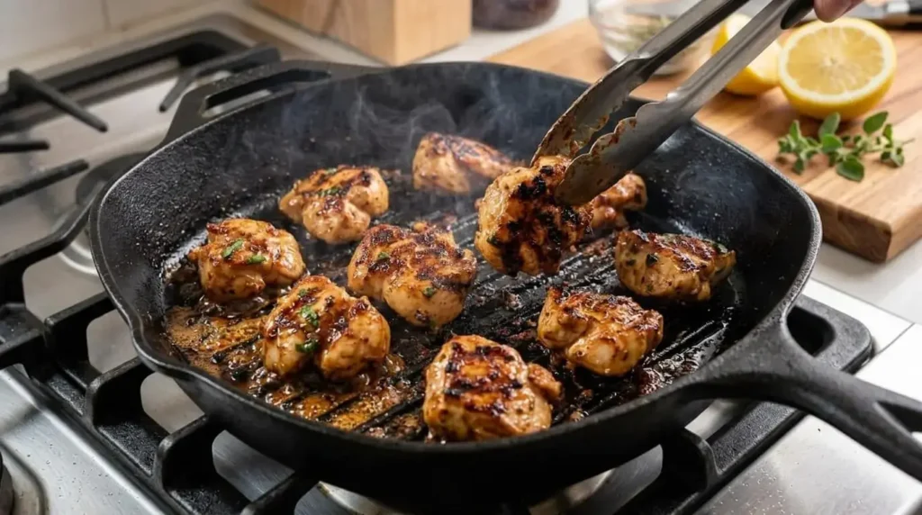 Searing marinated Greek chicken bites in a hot cast iron grill pan for chicken souvlaki wraps.