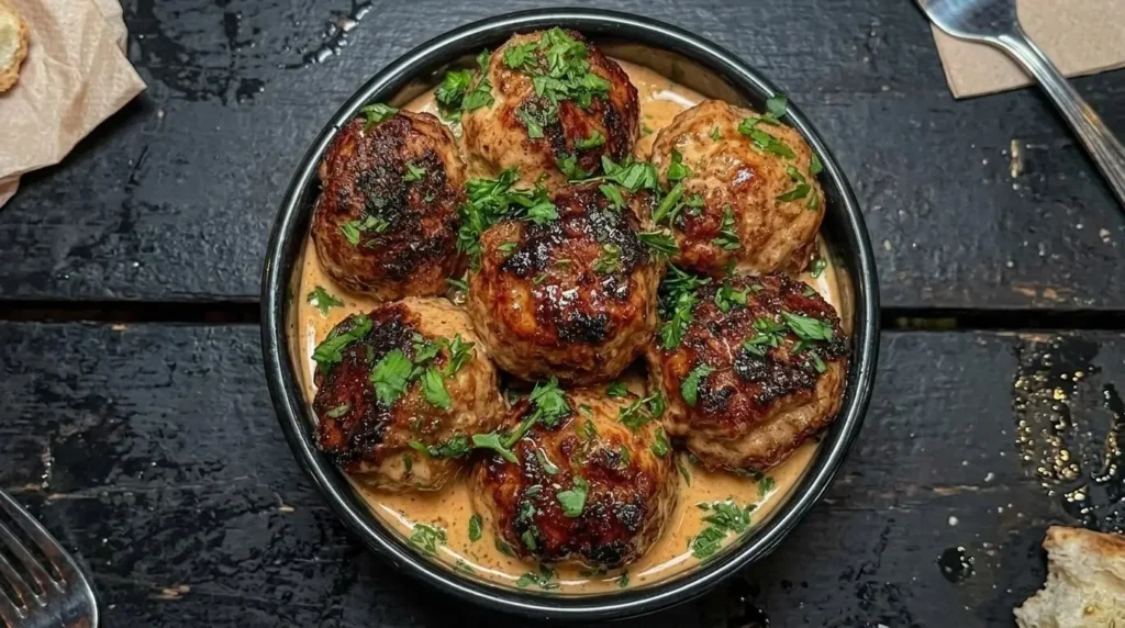 Tender chicken meatballs with spicy sauce served in a dark ceramic bowl and topped with fresh parsley.