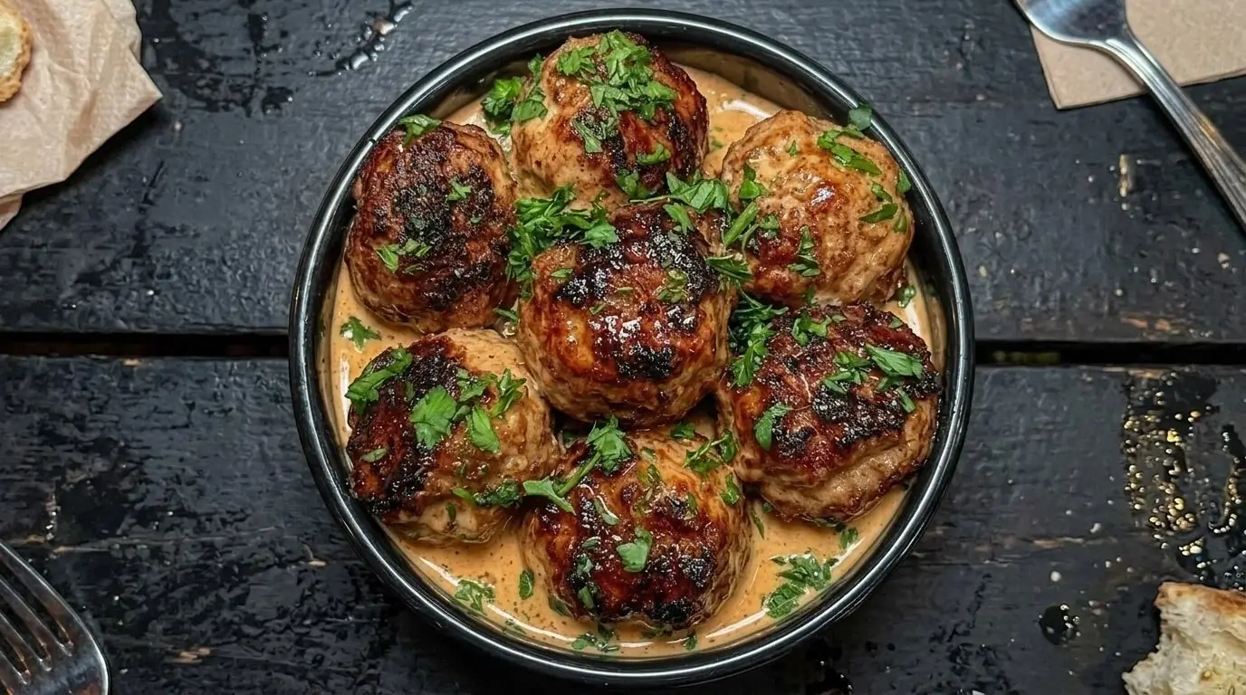 Tender chicken meatballs with spicy sauce served in a dark ceramic bowl and topped with fresh parsley.