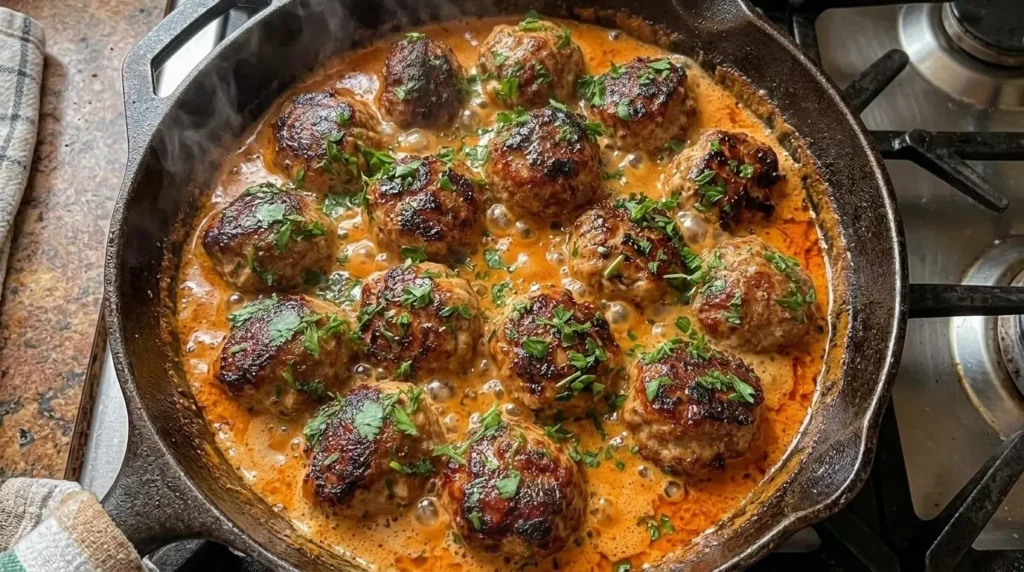 Chicken meatballs simmering gently in a bubbling creamy spicy harissa sauce.