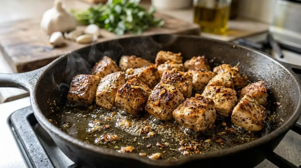 Golden seared chicken breast cubes cooking in a skillet with herb seasoning.