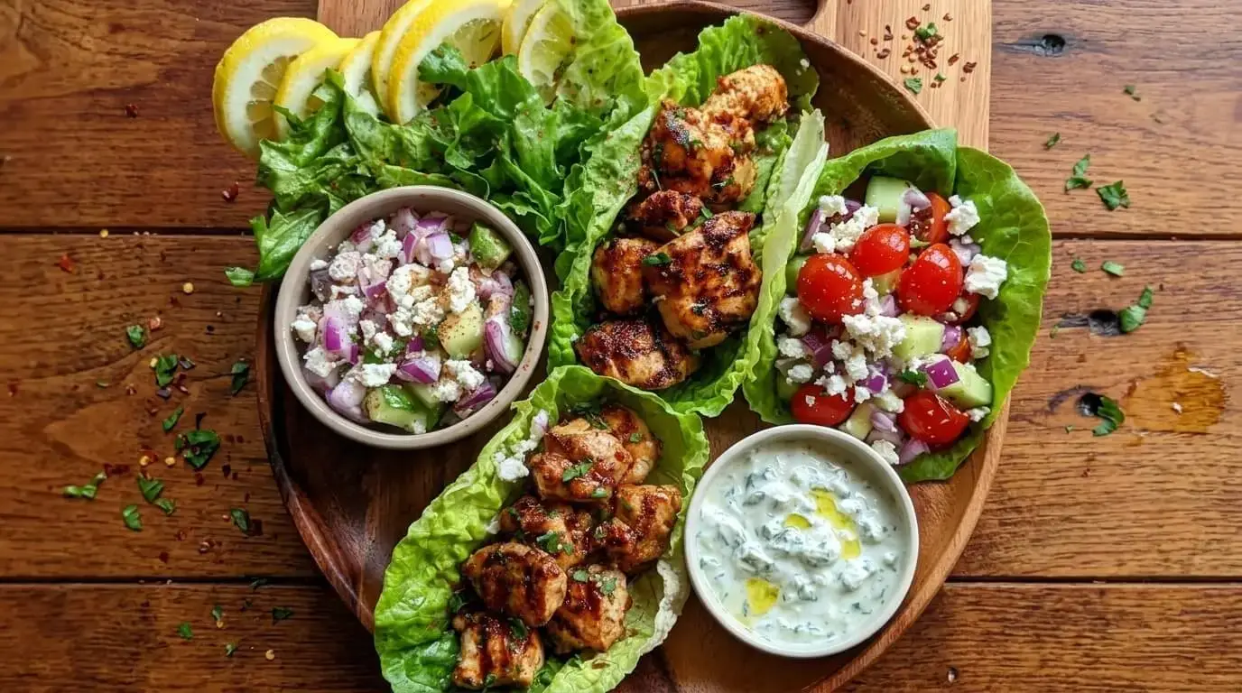 Rustic wooden platter featuring chicken souvlaki lettuce wraps, creamy tzatziki sauce, Greek salad cups, and fresh lemon slices.