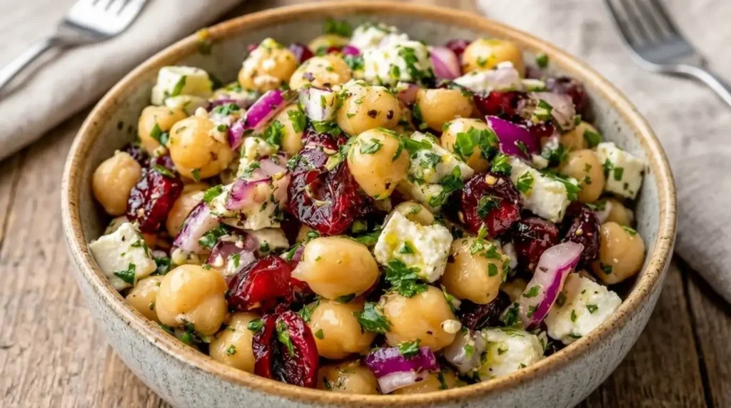 Feta and Cranberry Chickpea Salad with Lemon Vinaigrette in a stoneware bowl with chickpeas, feta crumbles, red cranberries, and green parsley.
