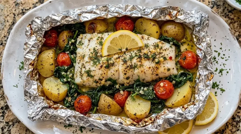 Open aluminum foil packet featuring lemon-dill baked white fish with baby potatoes, cherry tomatoes, and spinach[cite: 1].