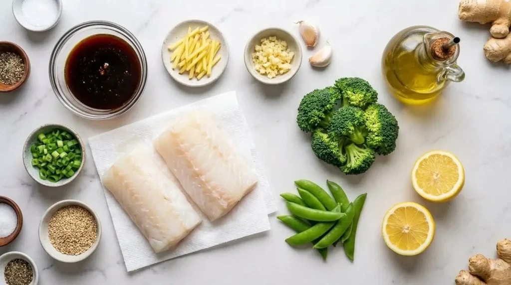 Fresh ingredients for Glossy Ginger Soy Cod Fillets including raw cod, ginger matchsticks, garlic, broccoli, and tamari sauce.