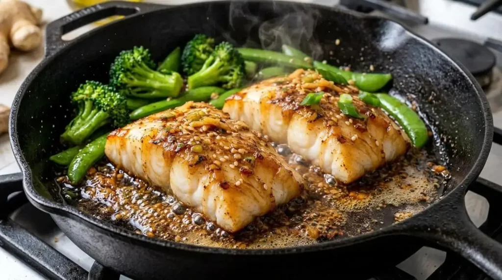 Searing cod fillets in a skillet with olive oil, broccoli, snap peas, and bubbling ginger soy glaze.