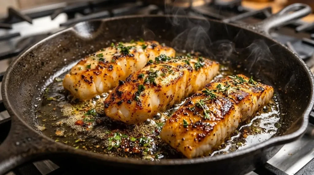 Pan seared garlic herb cod strips served in a rich creamy lemon sauce topped with parsley.