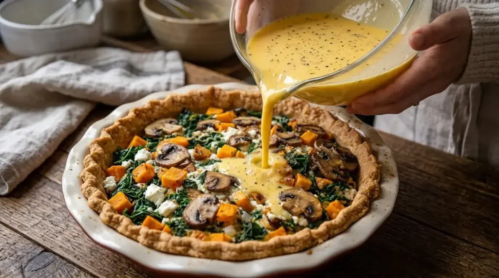 Pouring egg custard over vegetable filling inside a pie crust for a homemade quiche.