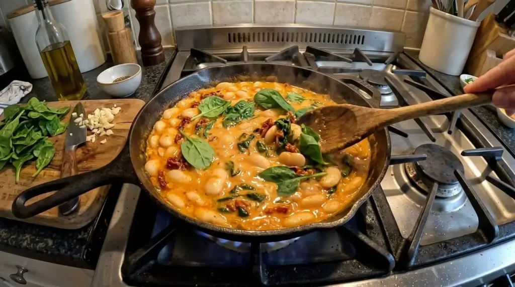 Cooking One Pan Tuscan Beans simmering in a cast-iron skillet with sun-dried tomatoes and spinach.