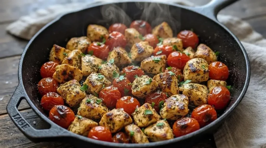 Searing seasoned chicken breast cubes and cherry tomatoes in a cast iron skillet