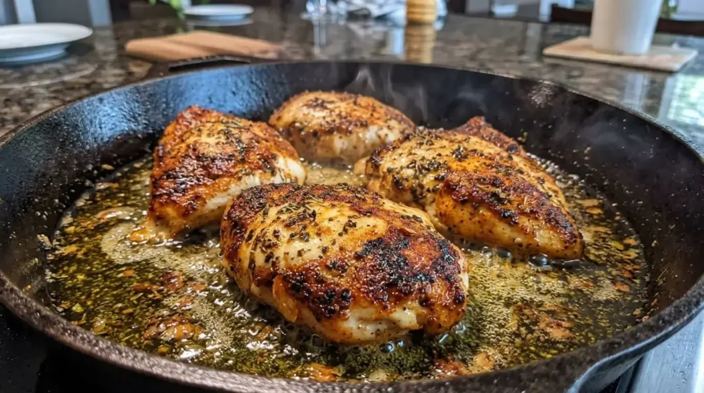 Seasoned chicken breasts searing to a golden crust in a hot cast-iron pan with olive oil.