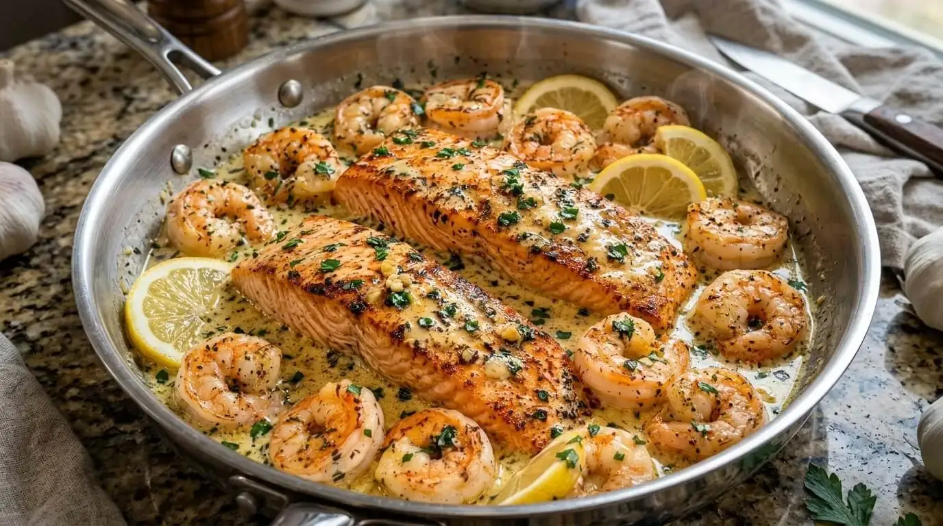 Creamy Lemon Garlic Salmon and Shrimp Skillet with fresh herbs and lemon slices in a stainless steel pan.