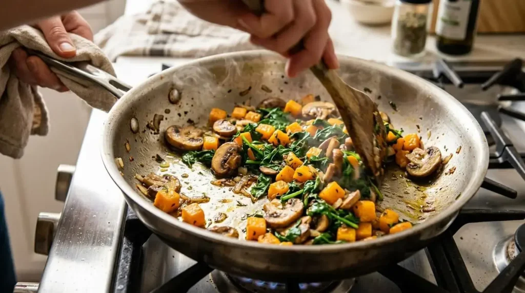 Sautéing mushrooms, butternut squash, and spinach in a skillet for a healthy vegetable quiche.