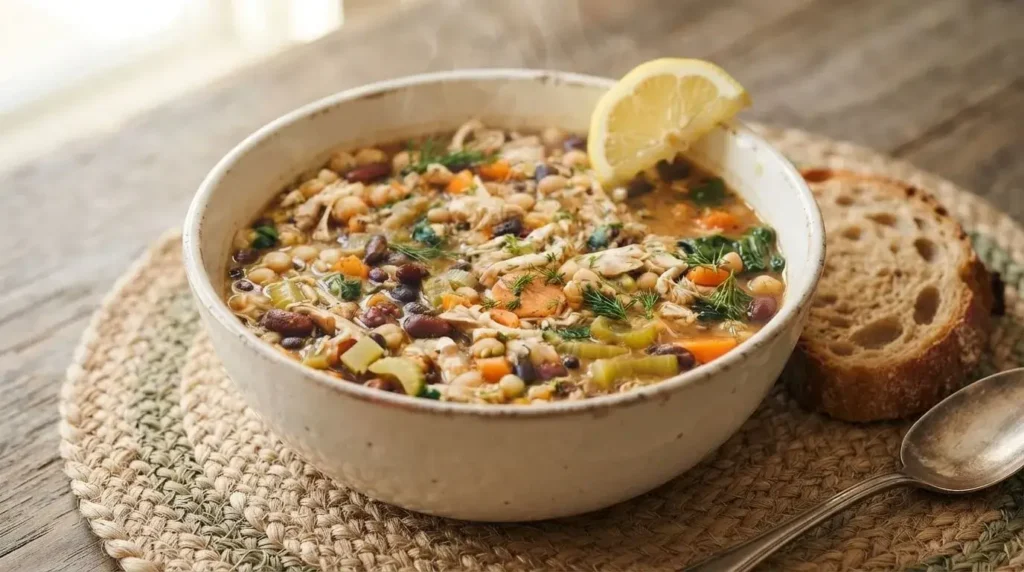 A cozy bowl of high-protein chicken and mixed bean soup served with fresh lemon and crusty bread.