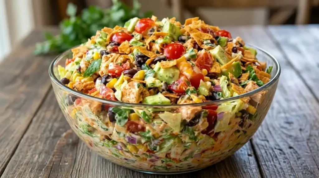 Deep glass bowl filled with tossed Creamy Chicken Taco Salad featuring diced chicken, avocado, black beans, corn, tomatoes, and crunchy tortilla strips.