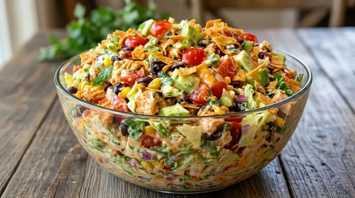 Deep glass bowl filled with tossed Creamy Chicken Taco Salad featuring diced chicken, avocado, black beans, corn, tomatoes, and crunchy tortilla strips.