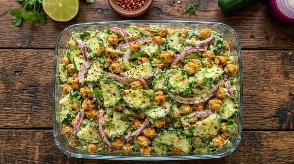 Top-down view of Creamy Cucumber Chickpea Salad in a glass bowl on a wooden surface with red onion, dill, and chili flakes.