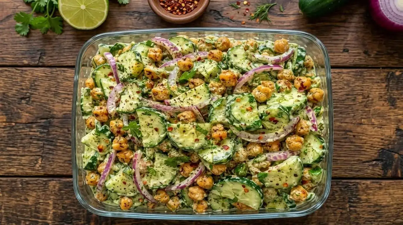 Top-down view of Creamy Cucumber Chickpea Salad in a glass bowl on a wooden surface with red onion, dill, and chili flakes.