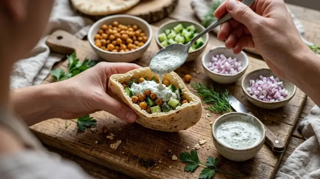 Step-by-step assembly of cucumber chickpea pita pockets with yogurt sauce.