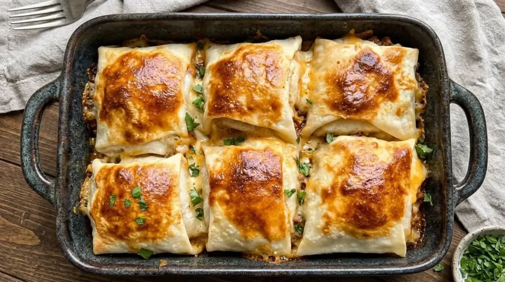 Casserole dish filled with golden baked cheesy beef pockets wrapped in tortillas and topped with fresh parsley.