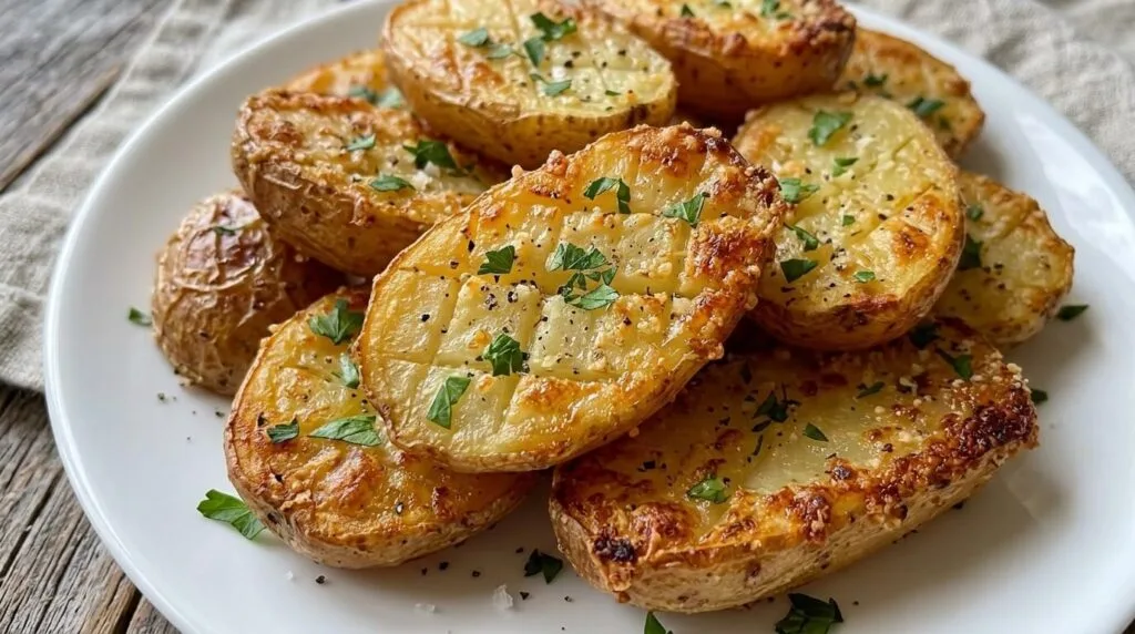 Ultra-crispy garlic parmesan roasted potatoes with a golden cheese crust and fresh parsley garnish on a white plate.